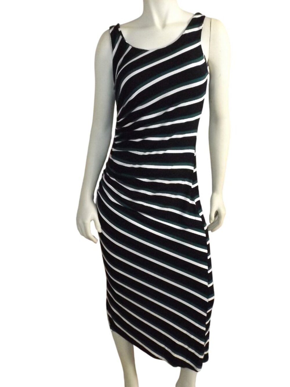 VINCE CAMUTO Midi Dress, S, Gathered side, Black, Green, White, Sleeveless, Vent